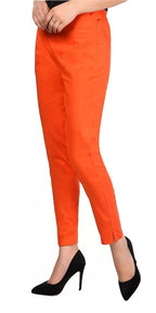 PAVONINE Orange Color Stretchable Cotton Lycra Fabric Pencil Pant For Women | Grocsy