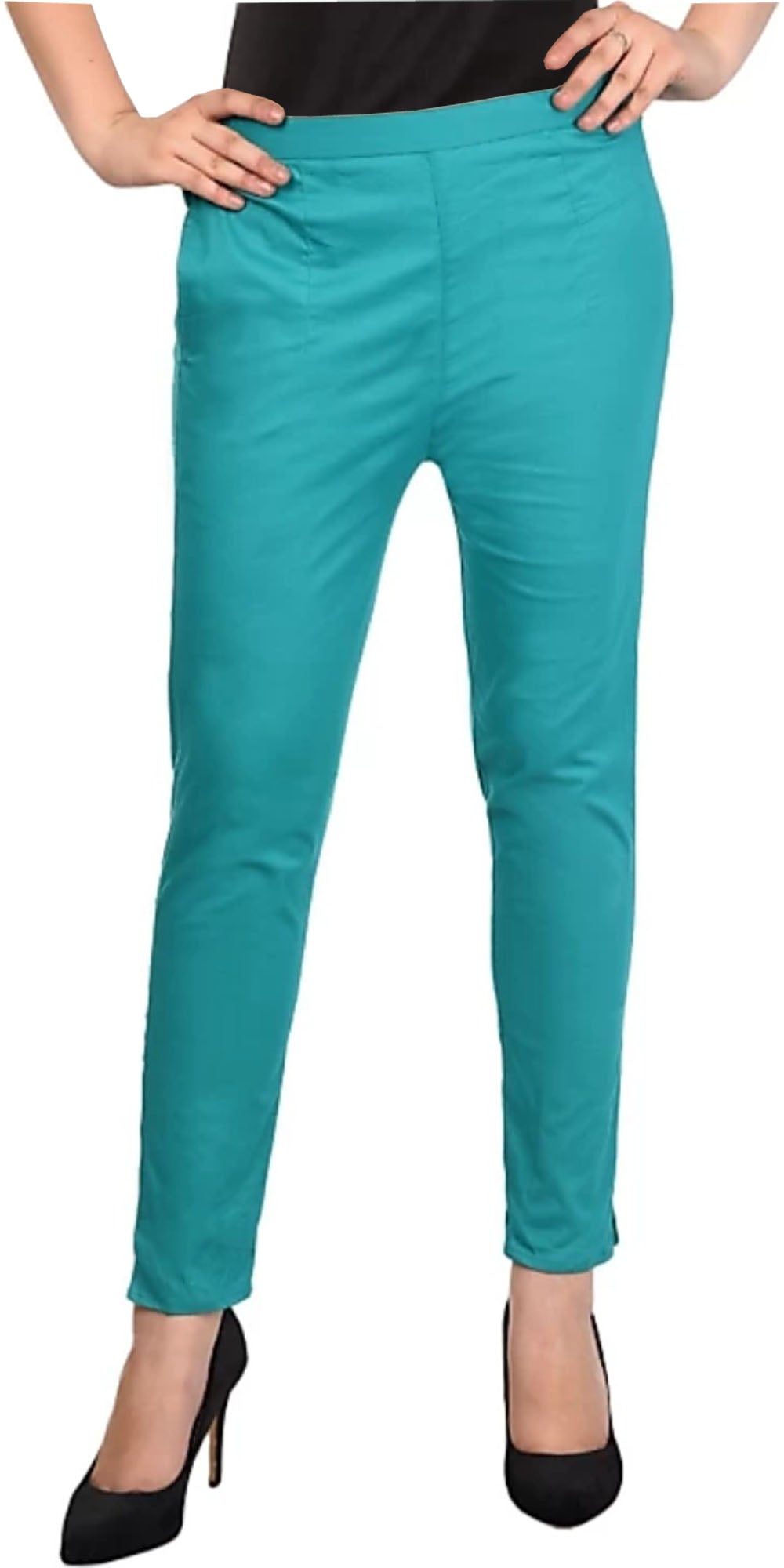 PAVONINE Rama Green Color Stretchable Cotton Lycra Fabric Pencil Pant For Women | Grocsy