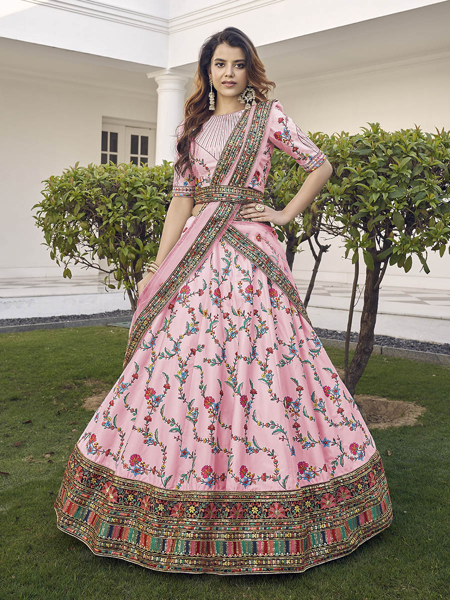 Myra Pink Silk Heavy Embroidered Lehenga | Grocsy