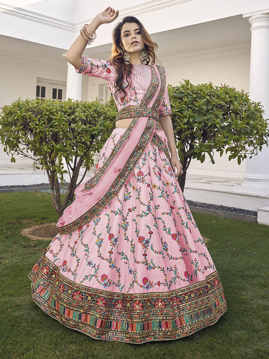 Myra Pink Silk Heavy Embroidered Lehenga | Grocsy