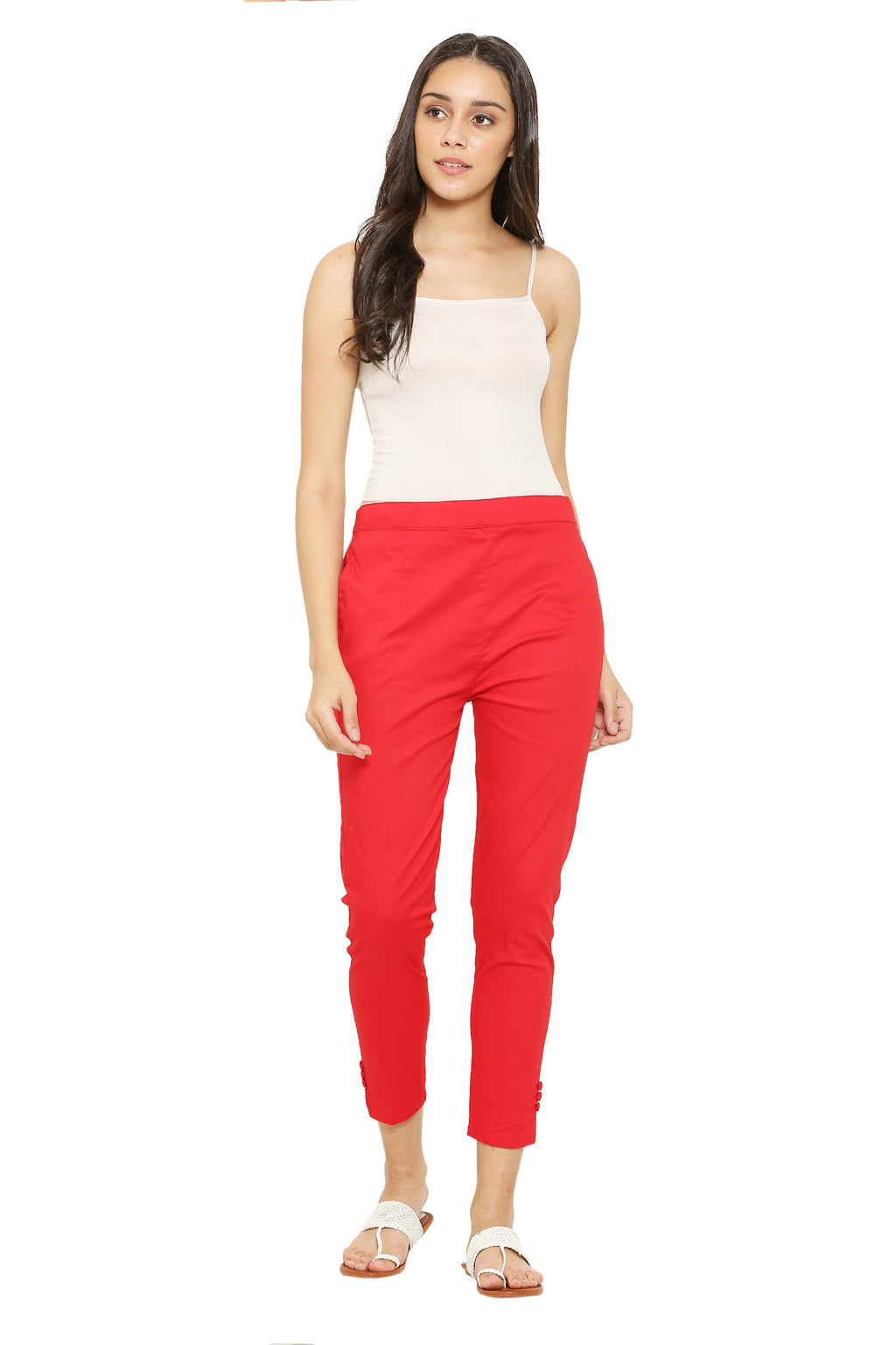 PAVONINE Red Color Stretchable Cotton Lycra Fabric Pencil Pant For Women | Grocsy
