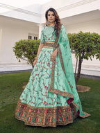 Myra Pista Green Silk Heavy Embroidered Lehenga | Grocsy
