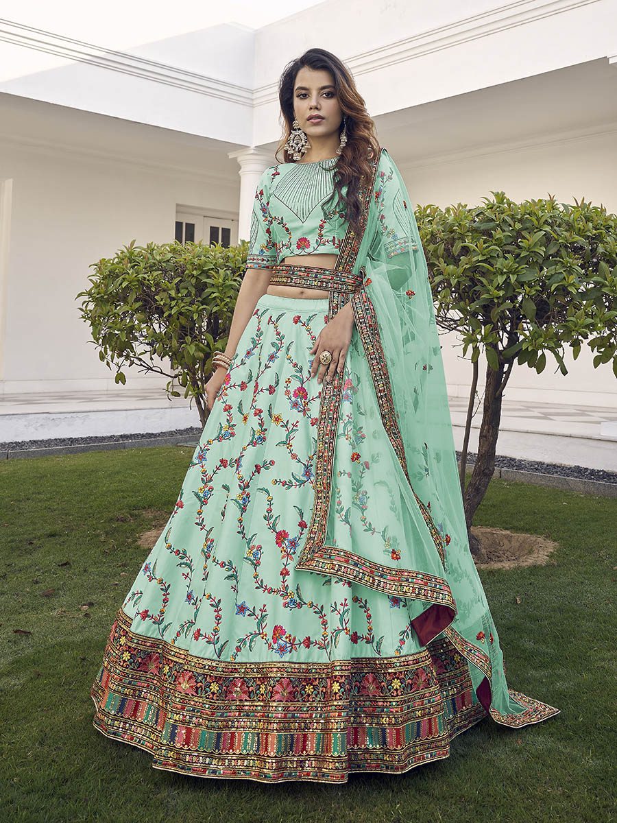 Myra Pista Green Silk Heavy Embroidered Lehenga | Grocsy
