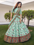 Myra Pista Green Silk Heavy Embroidered Lehenga | Grocsy