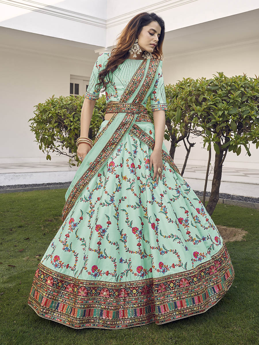 Myra Pista Green Silk Heavy Embroidered Lehenga | Grocsy