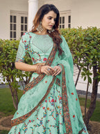 Myra Pista Green Silk Heavy Embroidered Lehenga | Grocsy