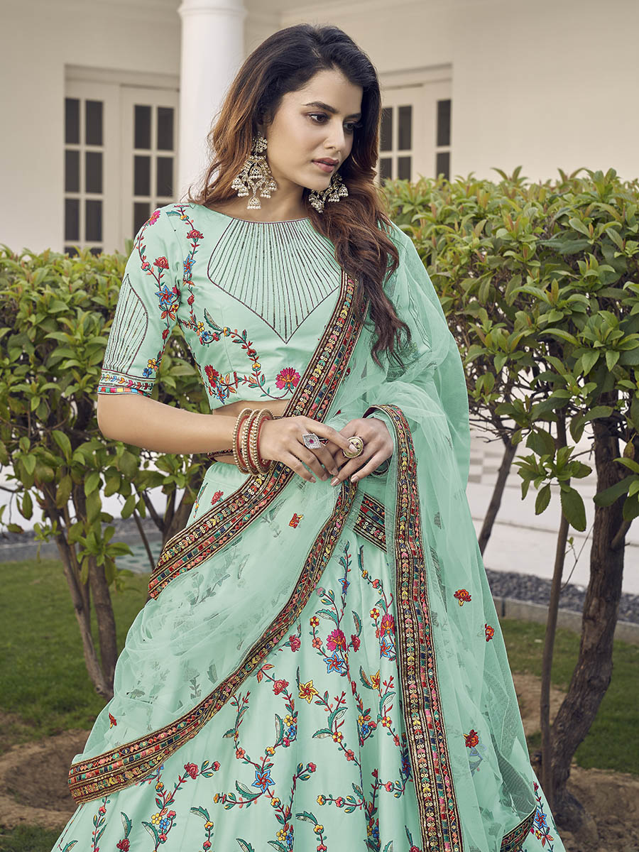 Myra Pista Green Silk Heavy Embroidered Lehenga | Grocsy