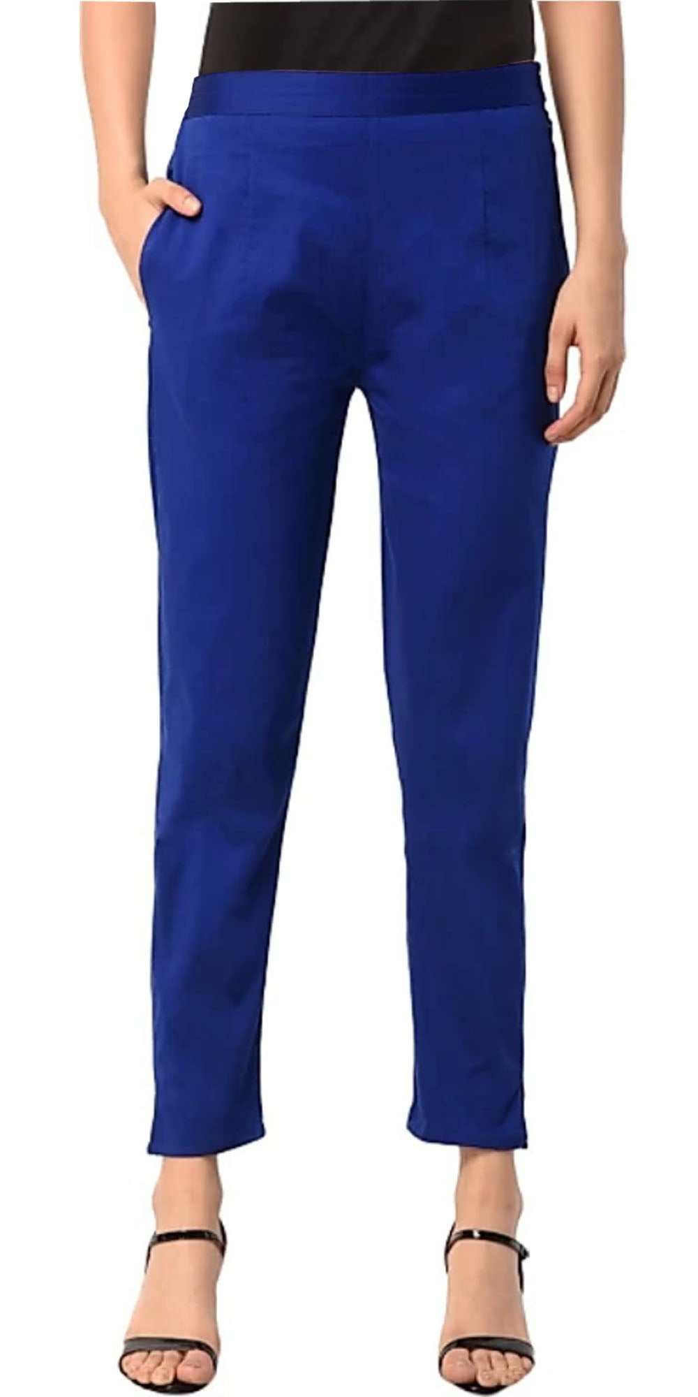 PAVONINE Royal Blue Color Stretchable Cotton Lycra Fabric Pencil Pant For Women | Grocsy