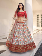 Myra White and Red Art Silk Heavy Embroidered Lehenga | Grocsy