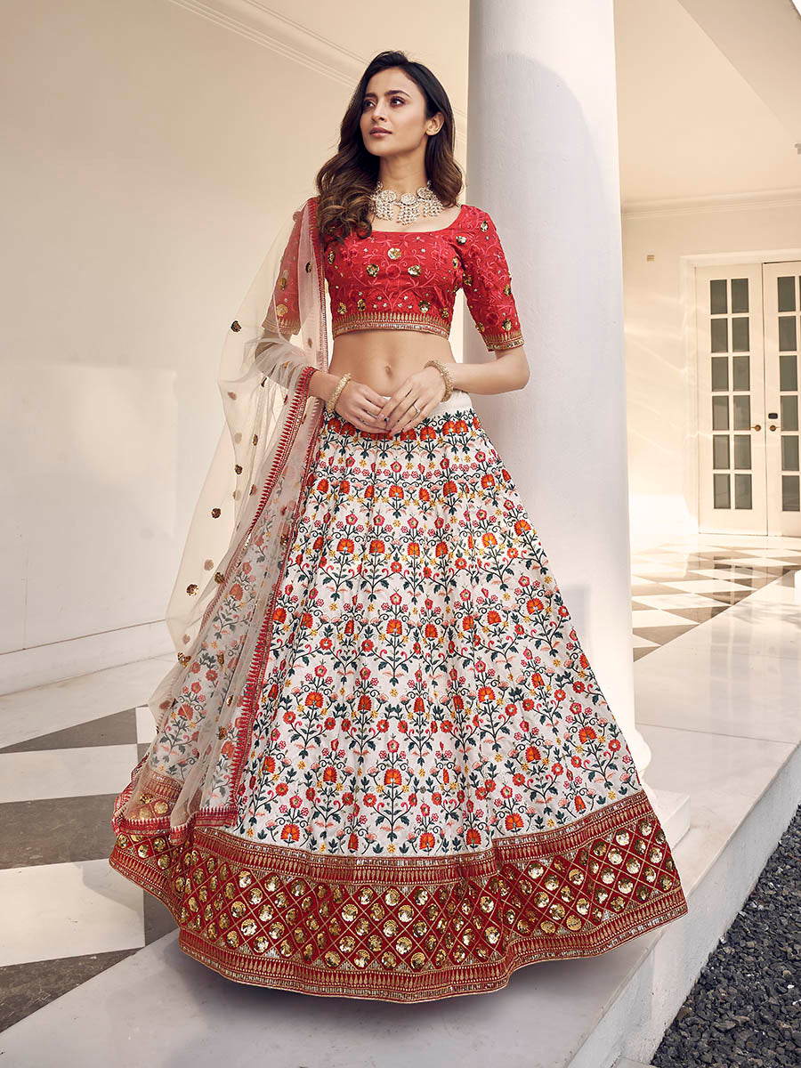 Myra White and Red Art Silk Heavy Embroidered Lehenga | Grocsy