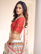Myra White and Red Art Silk Heavy Embroidered Lehenga | Grocsy