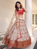Myra White and Red Art Silk Heavy Embroidered Lehenga | Grocsy