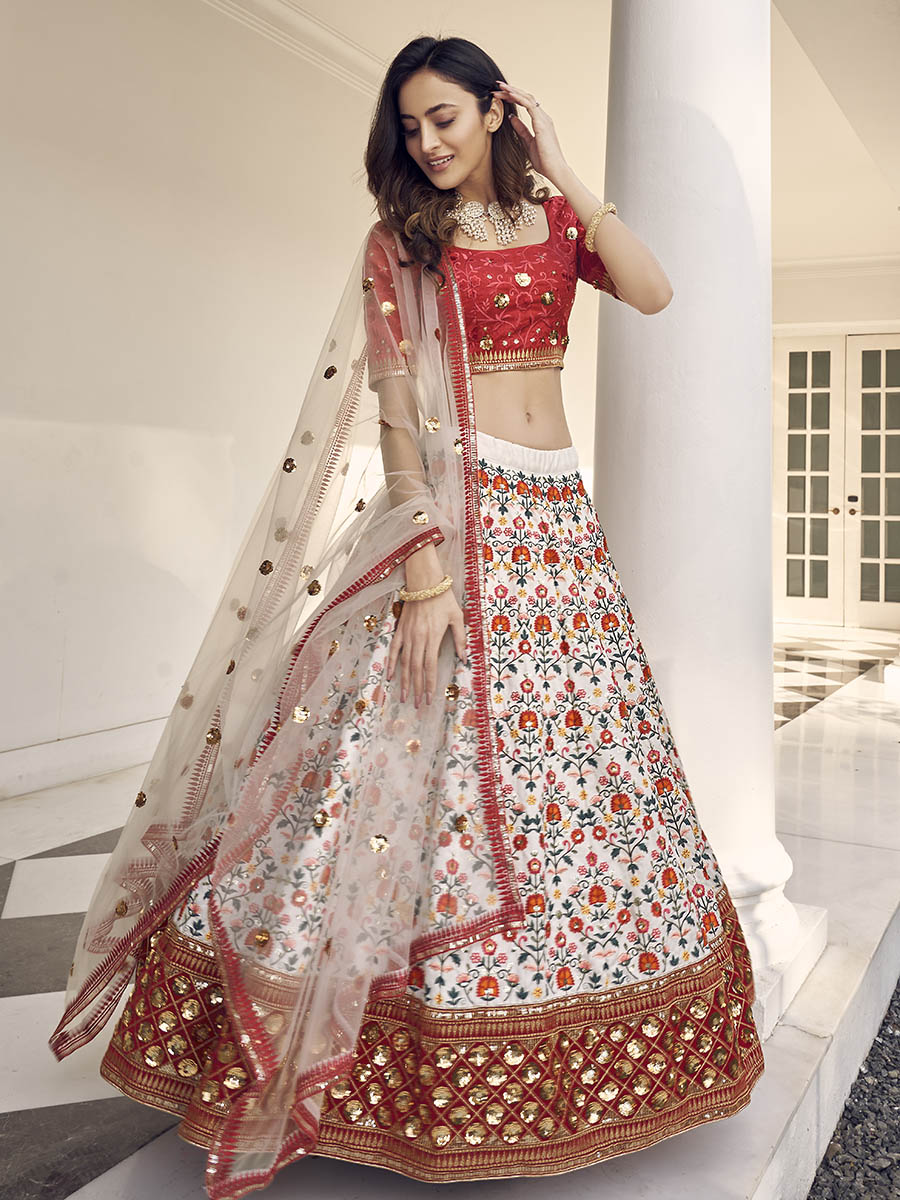 Myra White and Red Art Silk Heavy Embroidered Lehenga | Grocsy