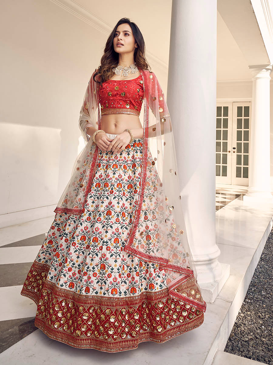 Myra White and Red Art Silk Heavy Embroidered Lehenga | Grocsy
