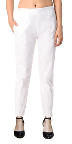 Indian Clothing PAVONINE White Color Stretchable Cotton Lycra Fabric Pencil Pant For Women | Grocsy