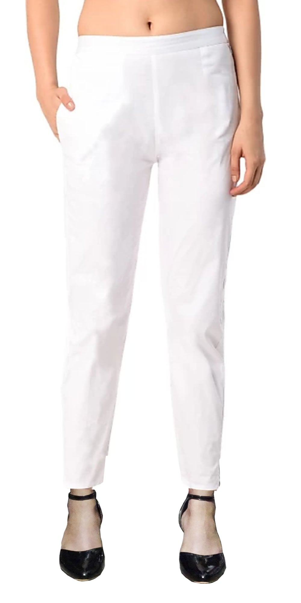Indian Clothing PAVONINE White Color Stretchable Cotton Lycra Fabric Pencil Pant For Women | Grocsy