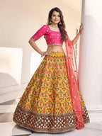 Myra Mustard Yellow and Rani Pink Art Silk Heavy Embroidered Lehenga | Grocsy