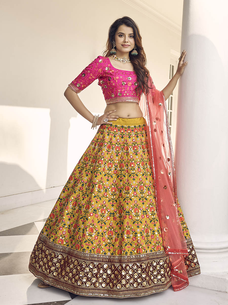 Myra Mustard Yellow and Rani Pink Art Silk Heavy Embroidered Lehenga | Grocsy