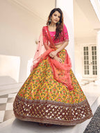 Myra Mustard Yellow and Rani Pink Art Silk Heavy Embroidered Lehenga | Grocsy
