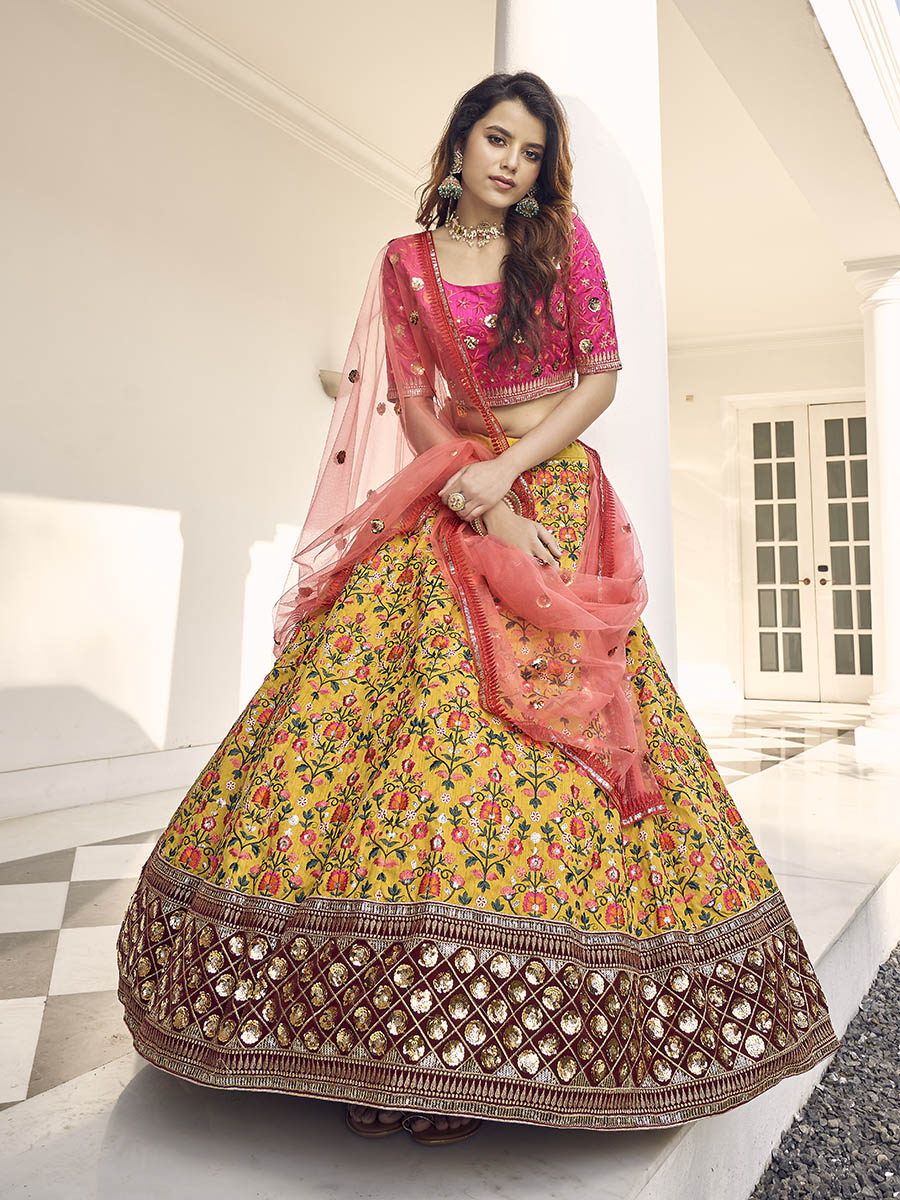 Myra Mustard Yellow and Rani Pink Art Silk Heavy Embroidered Lehenga | Grocsy