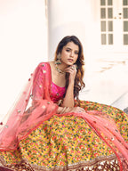Myra Mustard Yellow and Rani Pink Art Silk Heavy Embroidered Lehenga | Grocsy