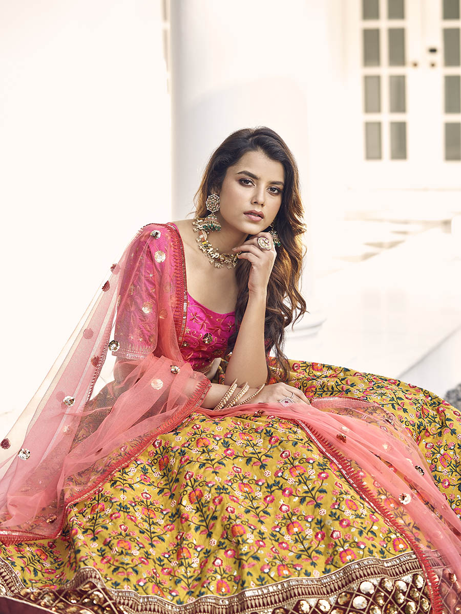Myra Mustard Yellow and Rani Pink Art Silk Heavy Embroidered Lehenga | Grocsy