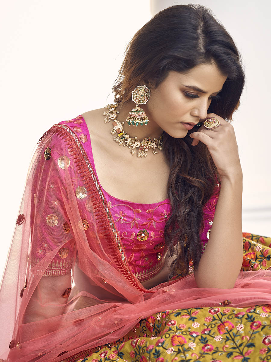 Myra Mustard Yellow and Rani Pink Art Silk Heavy Embroidered Lehenga | Grocsy