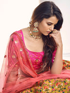 Myra Mustard Yellow and Rani Pink Art Silk Heavy Embroidered Lehenga | Grocsy