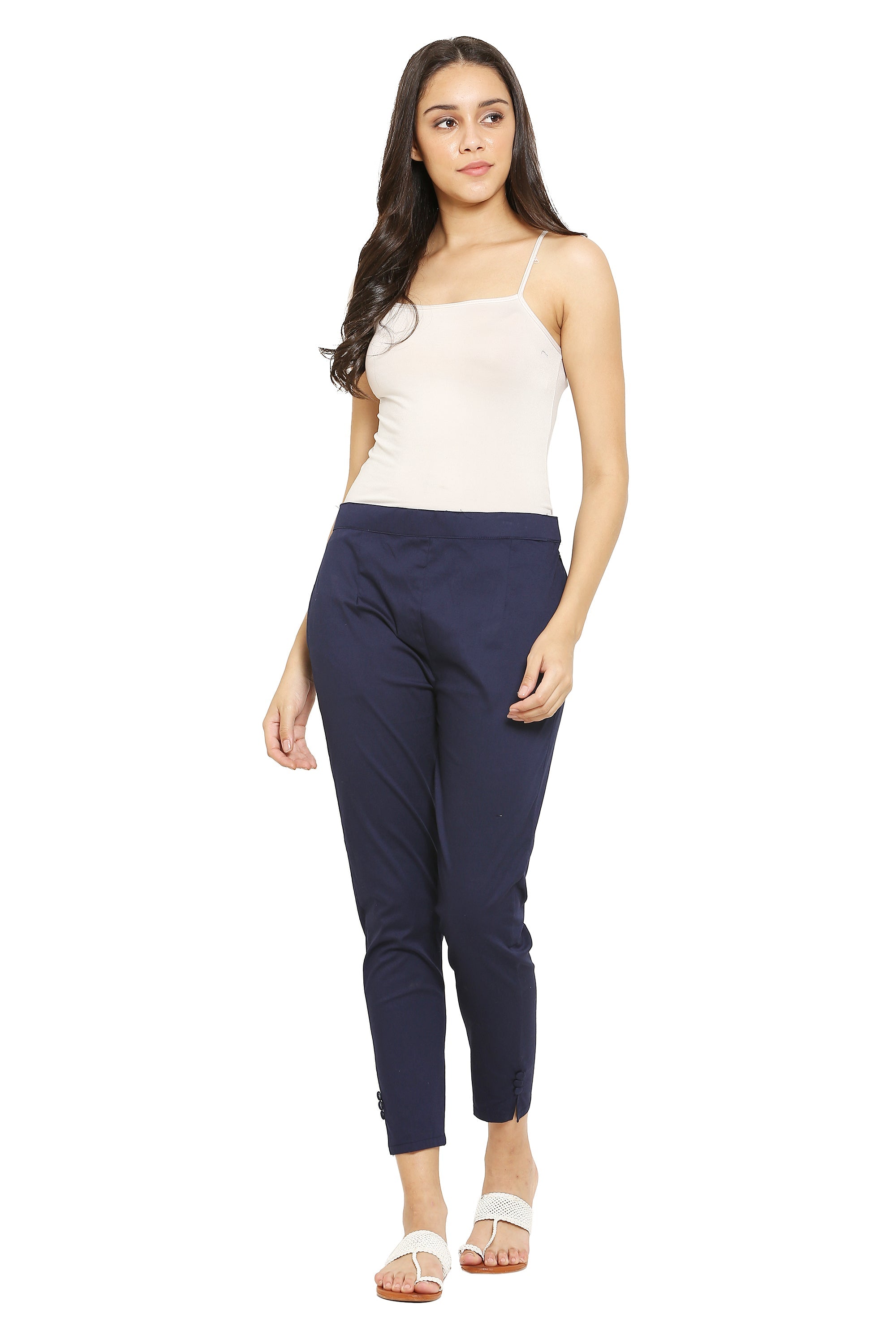 PAVONINE Navy Blue Color Stretchable Cotton Lycra Fabric Pencil Pant For Women | Grocsy