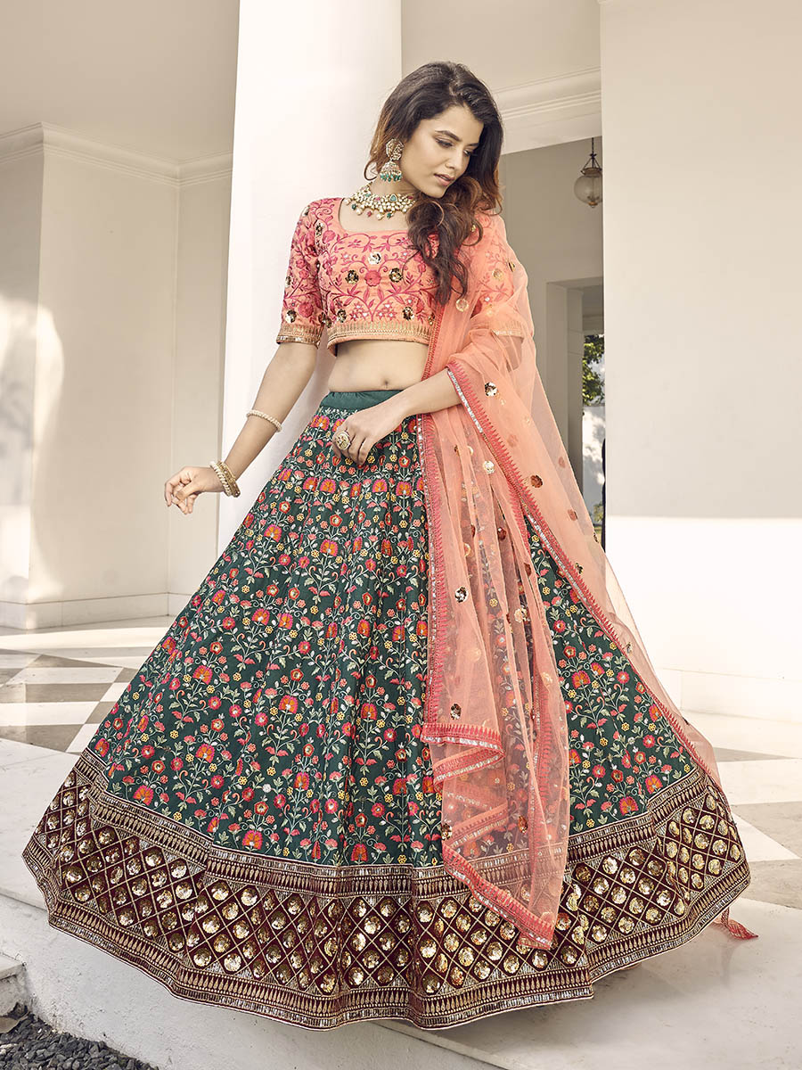 Myra Orange and Green Silk Heavy Embroidered Lehenga | Grocsy
