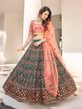 Myra Orange and Green Silk Heavy Embroidered Lehenga | Grocsy