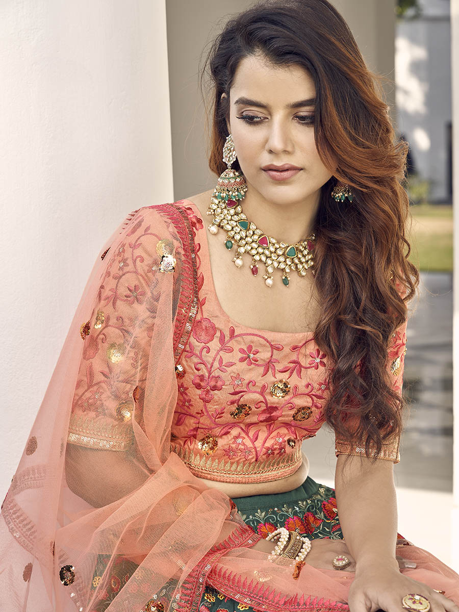 Myra Orange and Green Silk Heavy Embroidered Lehenga | Grocsy