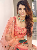 Myra Orange and Green Silk Heavy Embroidered Lehenga | Grocsy