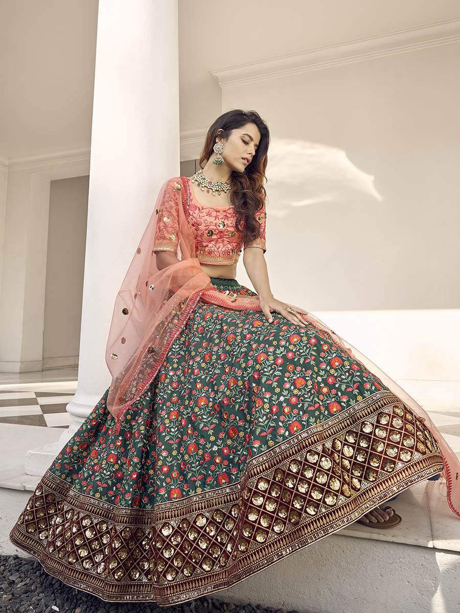 Myra Orange and Green Silk Heavy Embroidered Lehenga | Grocsy