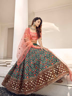 Myra Orange and Green Silk Heavy Embroidered Lehenga | Grocsy