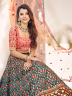 Myra Orange and Green Silk Heavy Embroidered Lehenga | Grocsy