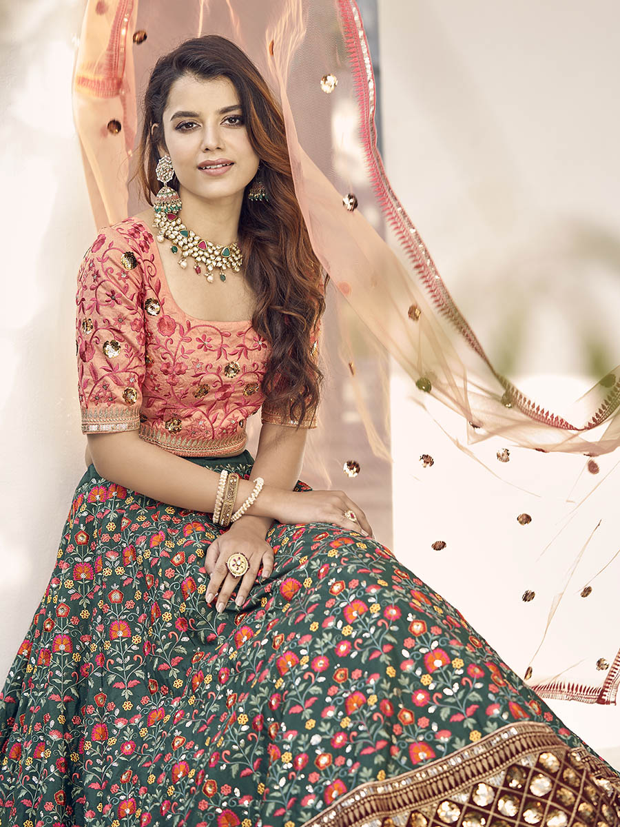 Myra Orange and Green Silk Heavy Embroidered Lehenga | Grocsy
