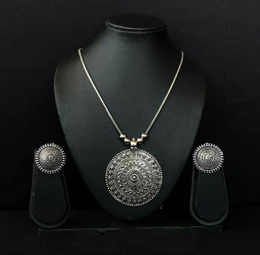 Mominos Fashion Johar Kamal Oxidised Silver-Plated Long Chain with Pendant & Studs For Women | Grocsy
