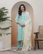 Vaasva Women Aqua Marine Cotton Kurta With Cotton Pant & Dupatta | Grocsy