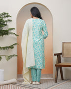 Vaasva Women Aqua Marine Cotton Kurta With Cotton Pant & Dupatta | Grocsy