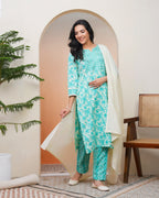 Vaasva Women Aqua Marine Cotton Kurta With Cotton Pant & Dupatta | Grocsy