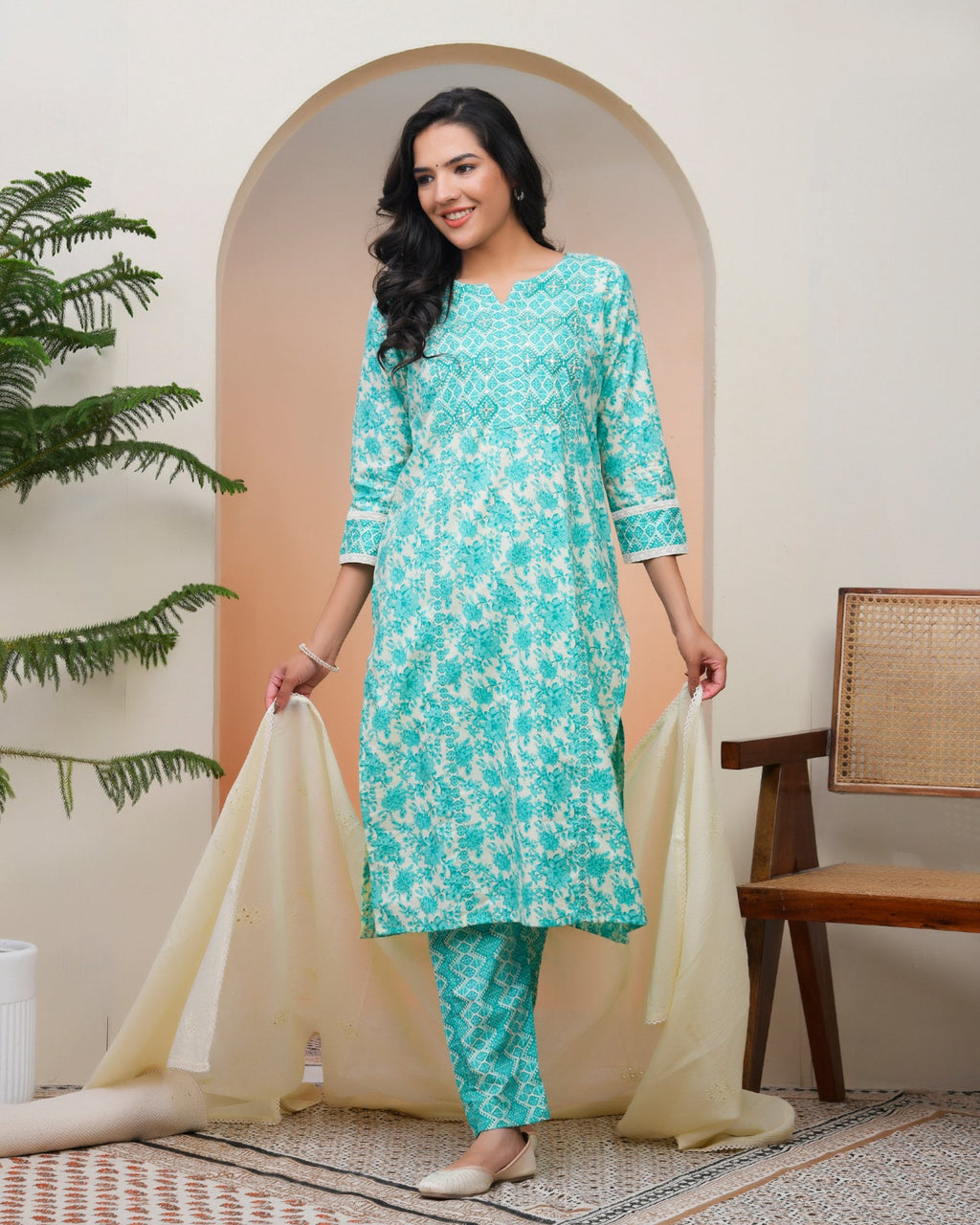 Vaasva Women Aqua Marine Cotton Kurta With Cotton Pant & Dupatta | Grocsy