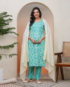 Vaasva Women Aqua Marine Cotton Kurta With Cotton Pant & Dupatta | Grocsy