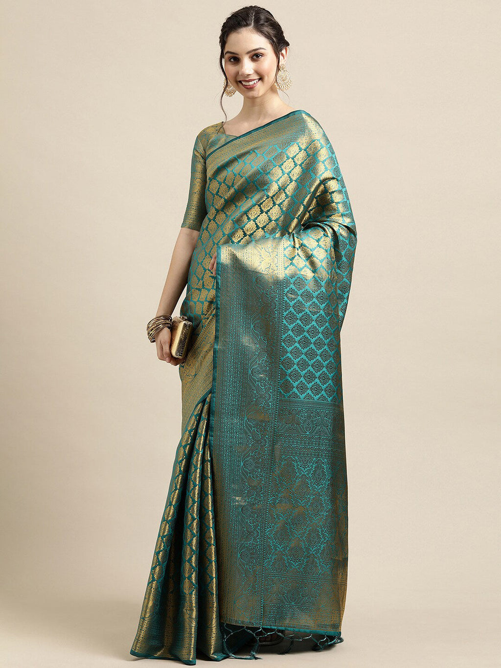 Saree Mall Blue & Gold-Toned Woven Design Zari Silk Blend Banarasi Saree | Grocsy