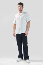 Xkind White Horizontal Pleated Stripes Relaxed Fit Shirt | Grocsy
