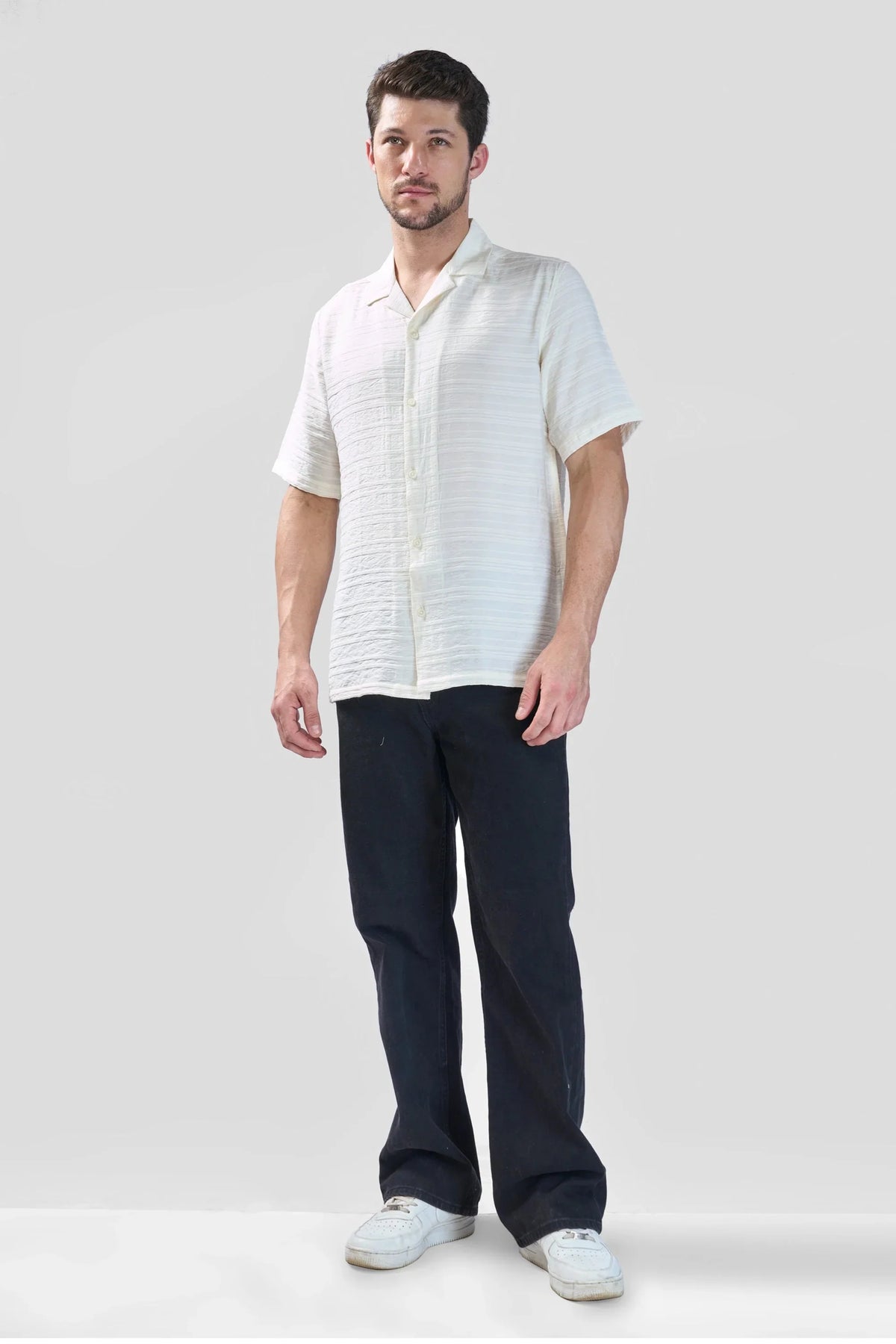 Xkind White Horizontal Pleated Stripes Relaxed Fit Shirt | Grocsy