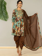Yufta Cotton Brown Zari_Work Kurta Dhoti Dupatta Set | Grocsy
