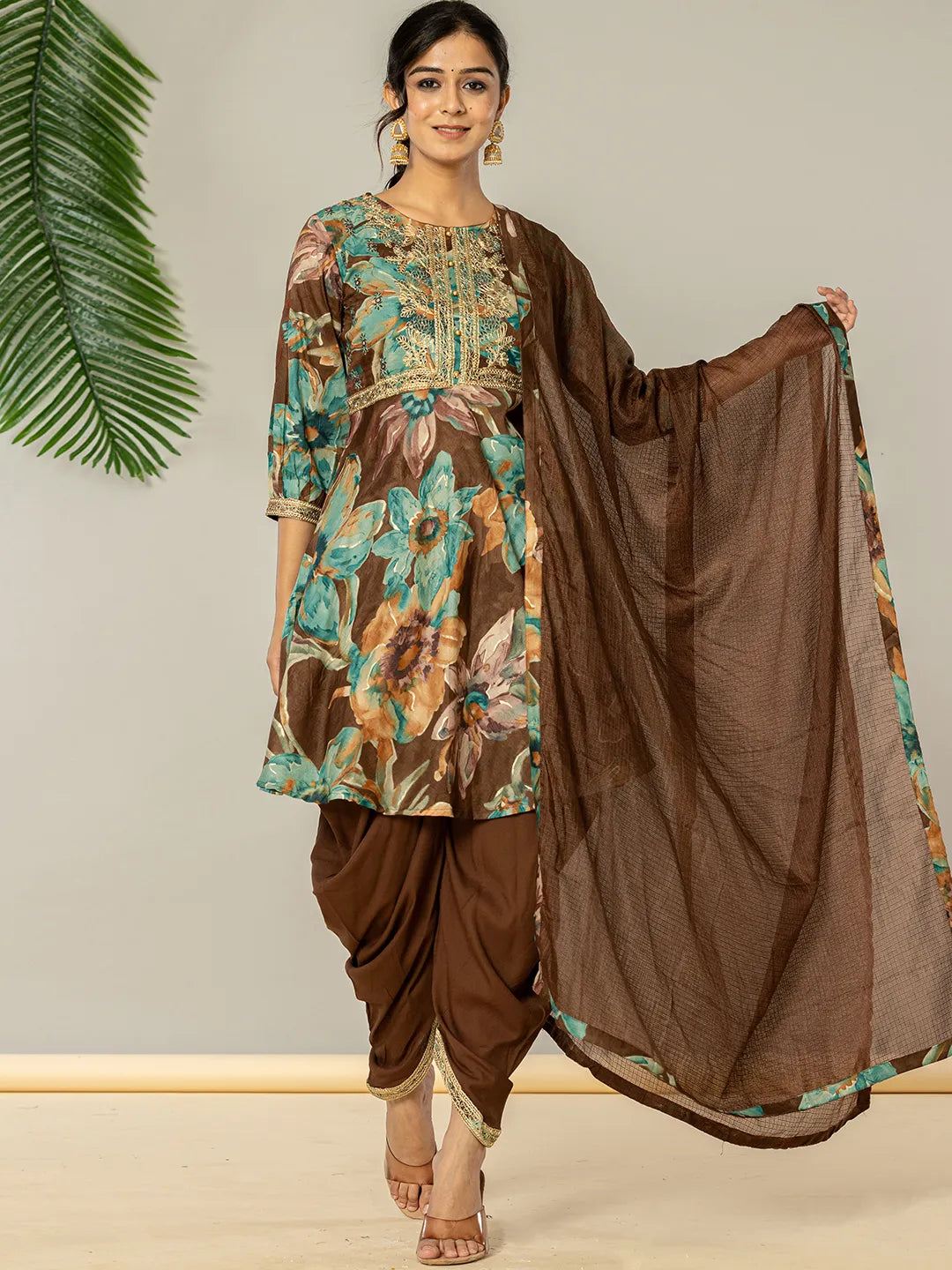 Yufta Cotton Brown Zari_Work Kurta Dhoti Dupatta Set | Grocsy
