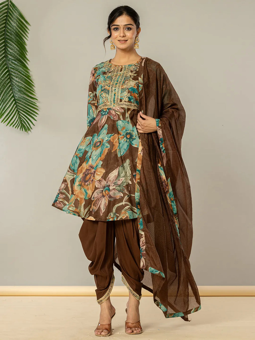 Yufta Cotton Brown Zari_Work Kurta Dhoti Dupatta Set | Grocsy