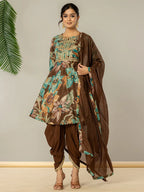 Yufta Cotton Brown Zari_Work Kurta Dhoti Dupatta Set | Grocsy